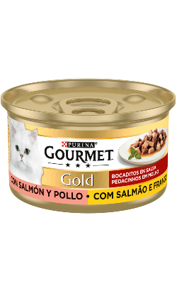 Gourmet Gold Pedacinhos em molho com Salmão & Frango | Wet (Lata)